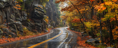 Scenic view of a wet winding road passing through a dense autumn forest with rocky cliffs and vibrant foliageの素材