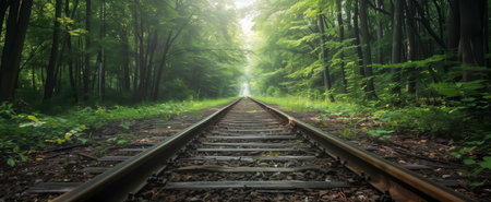 A railway track surrounded by dense green forest, creating a tranquil path leading into the distanceの素材
