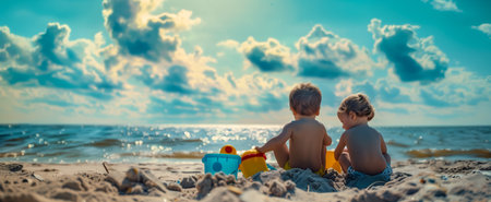 Back view of two young children playing with colorful beach toys on a sandy beach by the oceanの素材