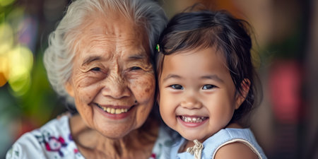 A loving grandmother and granddaughter share a joyful smile in an outdoor settingの素材