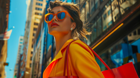 Stylish young woman wearing bold sunglasses and colorful confidently strolling through urban streetsの素材