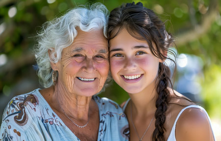 Happy grandmother and granddaughter sharing a warm and joyful moment outdoors, both smiling and enjoying each other's companyの素材