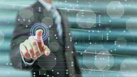 Man touching a digital technology concept on a touch screen with his fingers