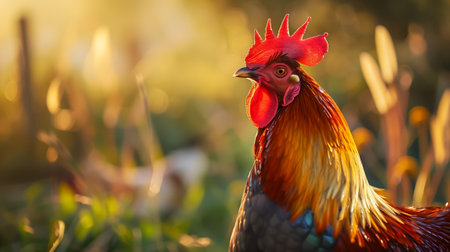 Striking rooster with bright red comb and iridescent feathers captured in warm golden lightの素材