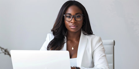 Determined young woman with glasses working intently at her laptop in a modern officeの素材