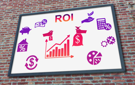 Concept drawn on a billboard fixed on a brick wallの写真素材