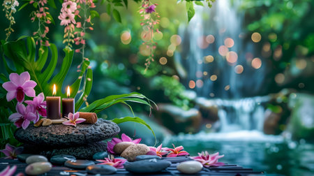 Serene spa arrangement featuring candles and pink flowers near a calming waterfall, evoking relaxationの素材