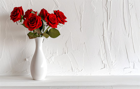 Elegant red roses arranged in a minimalist white vase, placed against a textured white wall backdropの素材