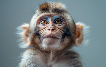 Close-up portrait of a young monkey displaying curious eyes and a thoughtful expressionの素材