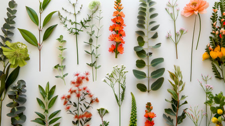 Assorted flowers and leaves in various shapes and colors creatively arranged against a light backdropの素材