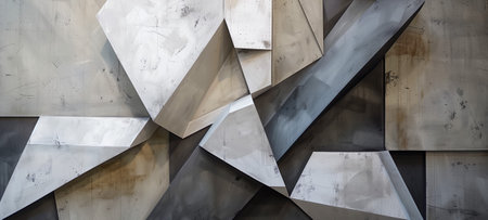 Contemporary abstract artwork featuring sharp geometric shapes in muted gray and beige tones, creating a layered 3d effectの素材