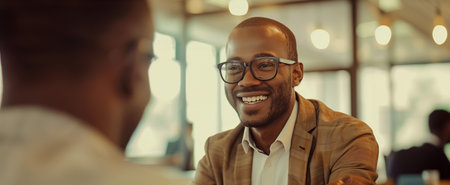 Cheerful businessman wearing glasses enjoying a lively discussion in a modern cafeの素材