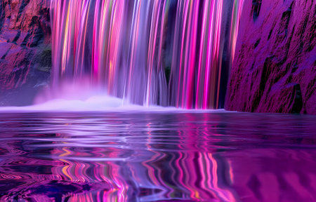 A vivid waterfall illuminated by bright colors reflecting in the calm water surface belowの素材