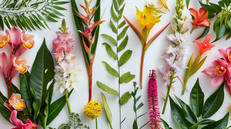 Stunning collection of diverse tropical flowers and foliage artistically displayed on a white surfaceの素材