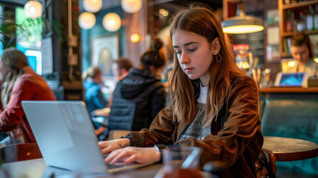 Focused young woman using a laptop in a vibrant cafÃ© setting with warm ambient lightingの素材