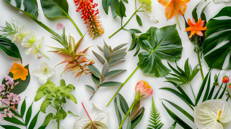 Diverse collection of vibrant tropical foliage and blossoms creatively displayed against a white canvasの素材