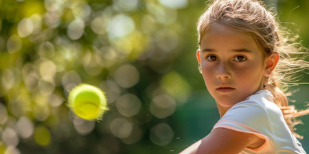 Intense young girl with freckles concentrating on a tennis ball during a sunlit matchの素材