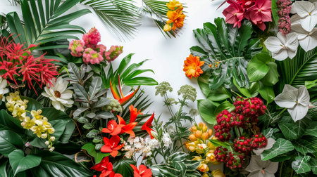 Lush selection of colorful tropical flowers and greenery expertly arranged against a white backdropの素材