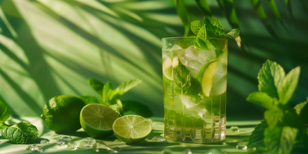 Glass of mojito cocktail with fresh lime slices, mint leaves, and ice, set against a green backdropの素材