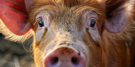 Close-up of a piglet showing its expressive eyes and unique markings in a farm settingの素材