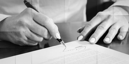 Woman signing a contract, geometric pattern