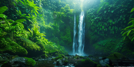 A serene waterfall cascades through dense tropical greenery, creating a tranquil atmosphere in the jungleの素材