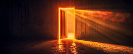A mysterious open door with intense orange light streaming into a dark, shadowy roomの素材