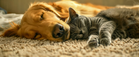 Close-up of a dog and cat cuddling and sleeping, displaying companionship and warmthの素材