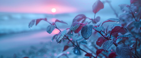 Close-up of vibrant leaves with morning dew, glowing under a serene pink sunriseの素材