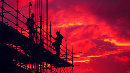 Silhouettes of workers on scaffolding set against a dramatic red and orange sunset skyの素材