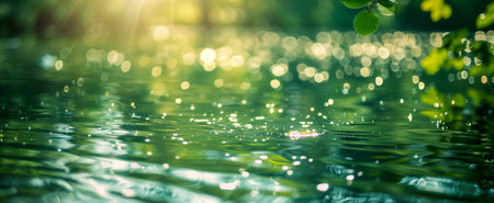 Calm water reflecting green leaves and sunlight, creating a peaceful and natural atmosphereの素材