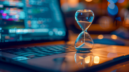 An hourglass sits on a laptop keyboard, representing time management and productivity in a digital workspaceの素材
