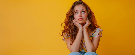 Pensive young woman with curly hair, resting her chin on hands against a yellow backdropの素材