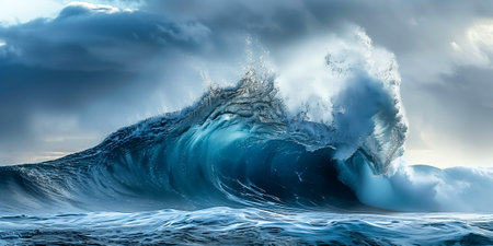 A large ocean wave rises and crashes, captured in dynamic, dramatic lightingの素材