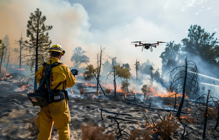 Firefighter uses drone technology to assess and monitor forest wildfire, ensuring efficient fire managementの素材