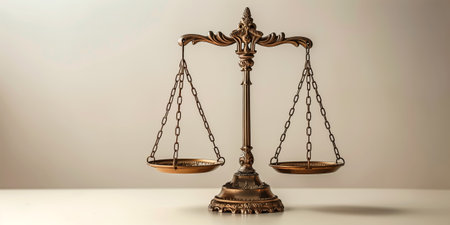 Ornate brass scales of justice representing law, equality, and balance in a neutral settingの素材