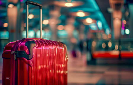A glossy red suitcase in a brightly lit airport terminal with colorful bokeh lightsの素材