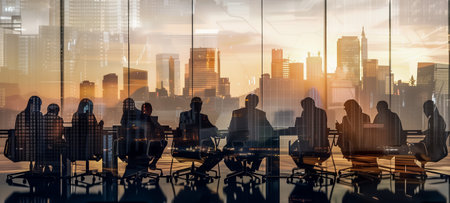 Silhouetted business team in conference room with urban skyline and sunset reflectionsの素材