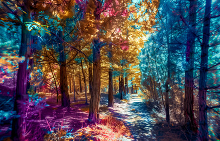 Dreamlike forest scene filled with vivid colors, blending sunlight and shadow on a winding pathの素材