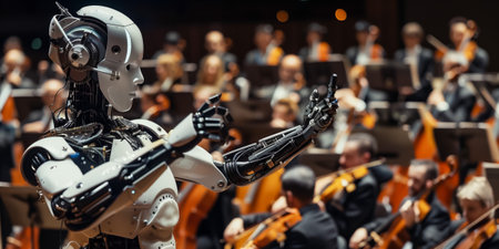 A futuristic robot leads an orchestra, showcasing artificial intelligence in a creative settingの素材