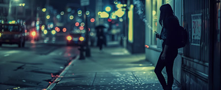 Silhouette of a woman smoking, standing on an urban sidewalk, surrounded by city lights at nightの素材