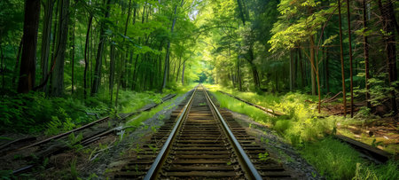 Abandoned railway tracks surrounded by lush vegetation and tall trees in a vibrant forestの素材
