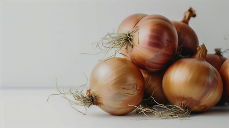 Close-up of whole onions with roots intact, arranged on a white backgroundの素材