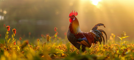 Colorful rooster standing proudly in a field, illuminated by warm sunrise lightの素材