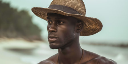 Thoughtful young man wearing a straw hat with beach background and calm, natural lightの素材