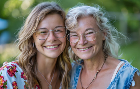 Smiling young and senior women with glasses, enjoying time outdoors in a green settingの素材