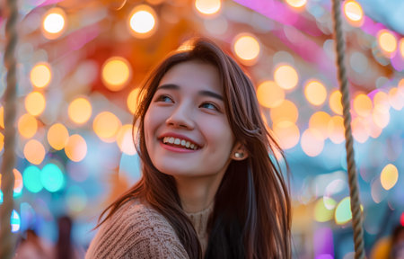 Cheerful woman with a bright smile, surrounded by colorful bokeh lights at a lively fairgroundの素材