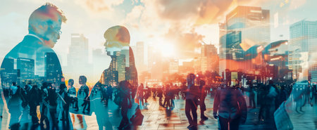 Artistic double exposure of a diverse crowd with a vibrant cityscape, creating an urban energy sceneの素材