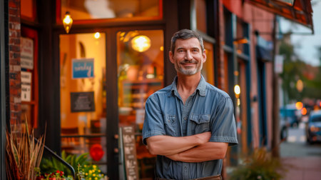 Mature man with crossed arms smiling in front of a warmly lit storefront on a city streetの素材