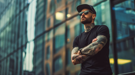 Bearded, tattooed man wearing sunglasses and black t-shirt against a modern city backgroundの素材